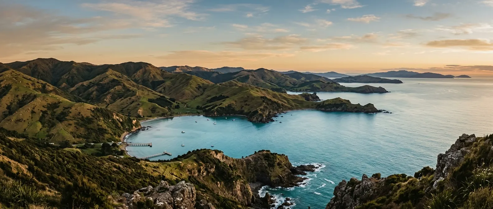 New Zealand coastal landscape at golden hour