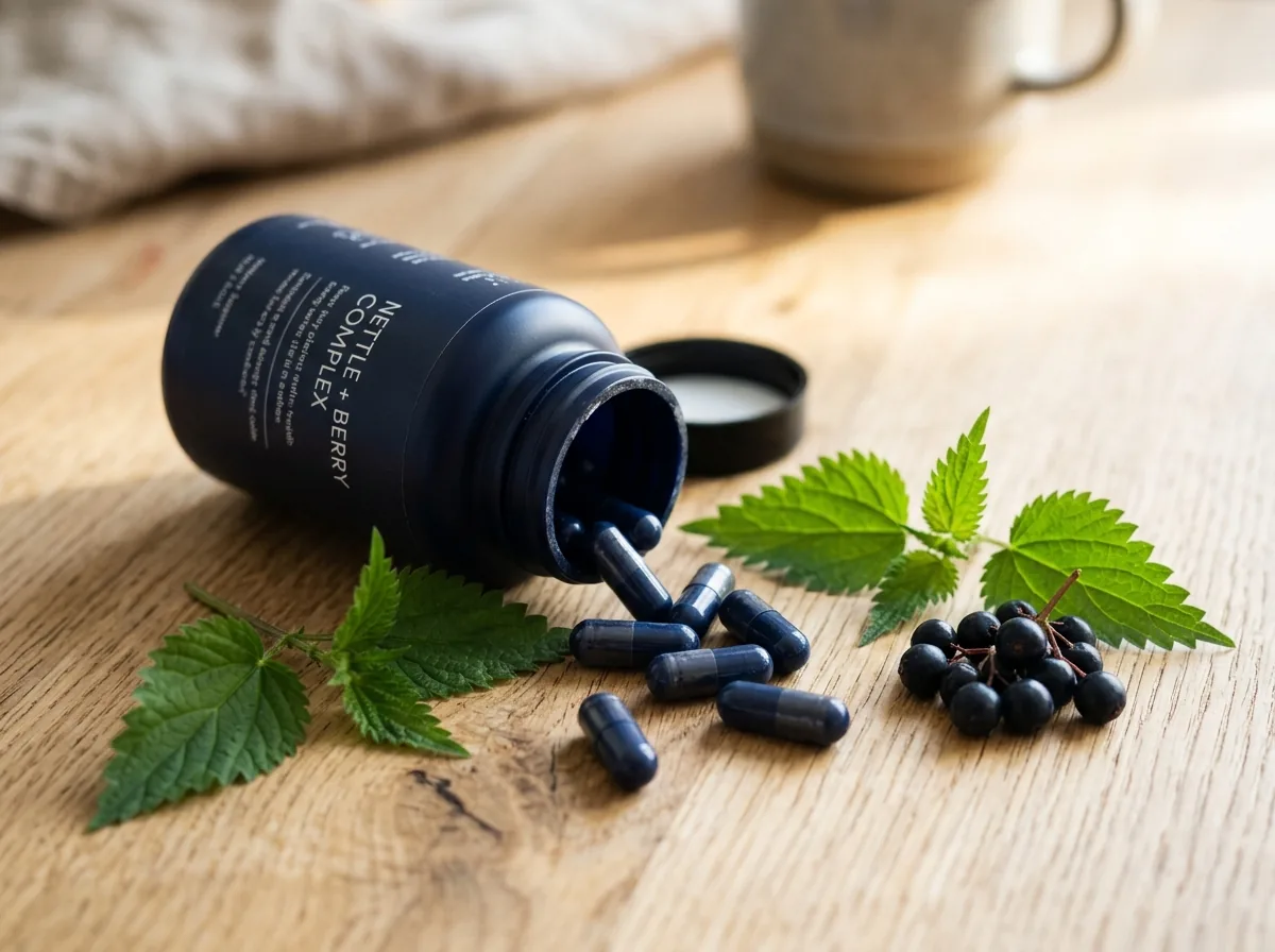 Hardero supplement capsules from dark navy bottle with green botanical ingredients