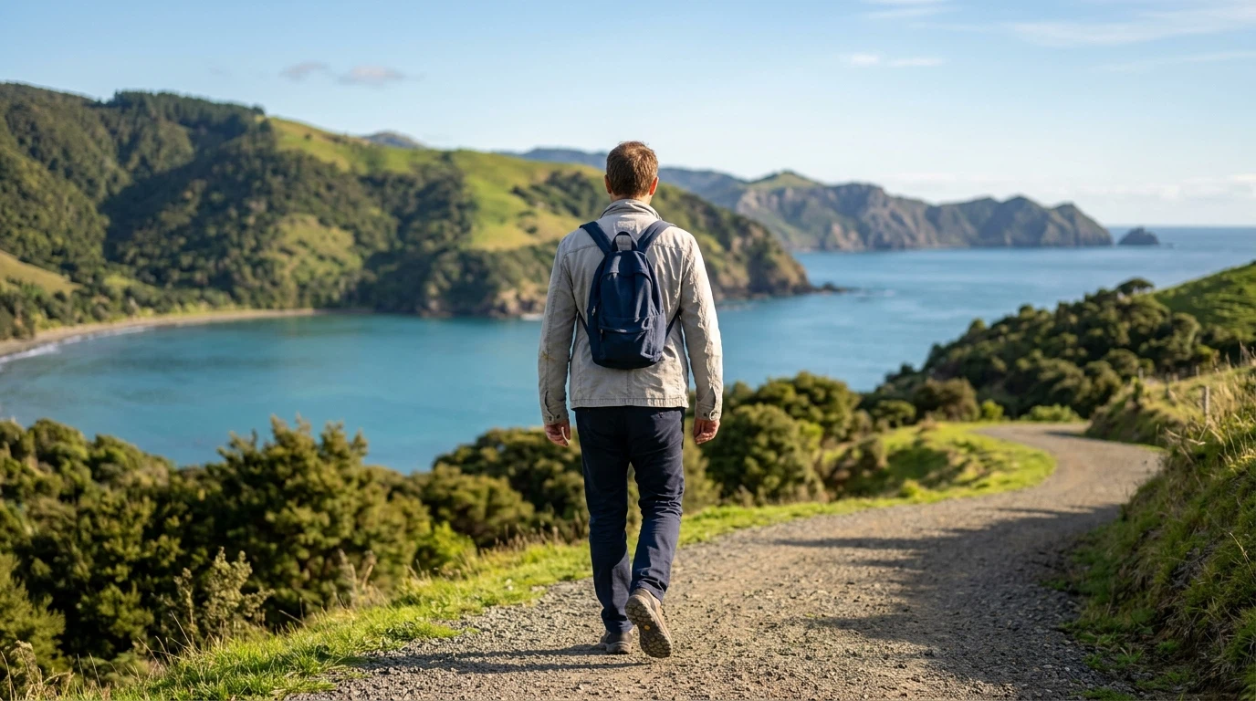 Man walking along New Zealand coastal path, active lifestyle over 50
