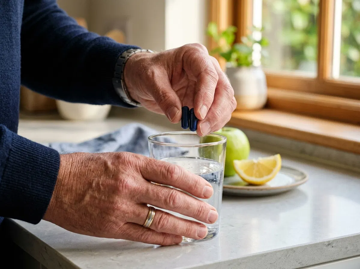 Mature hands holding Hardero capsules and a glass of water, morning routine